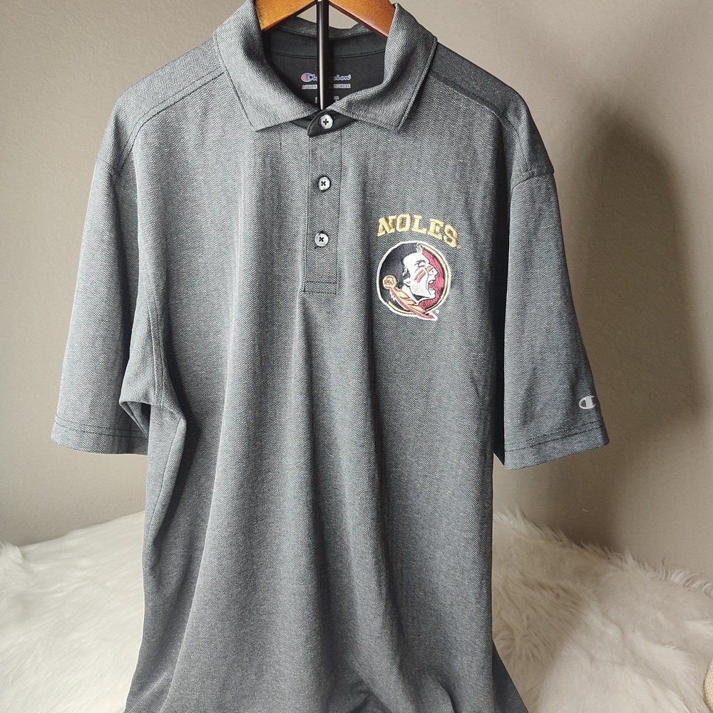 Champion Polo Shirt Mens Medium Grey FSU Seminoles Herringbone Short Sleeve
